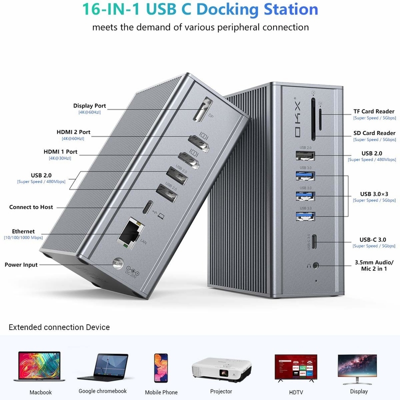 노트북용 16in1 도킹 스테이션 USB 어댑터 회색 10Gbps 데이터 전송 속도 디스플레이 링크 포트