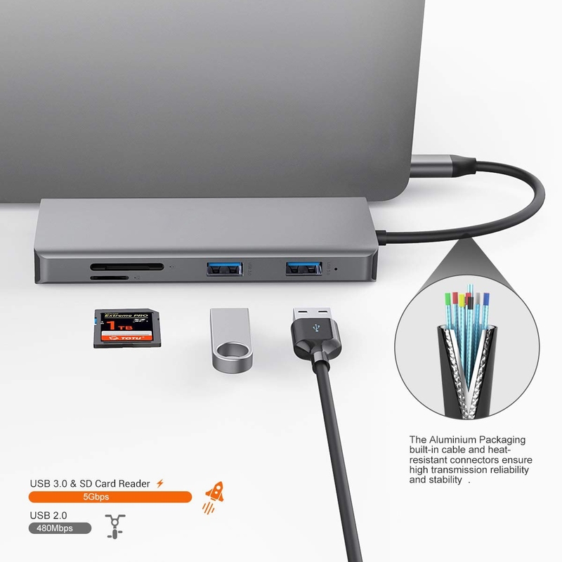 11in1 알루미늄 은 USB C 허브 3.5mm 오디오 잭 SD 카드 리더