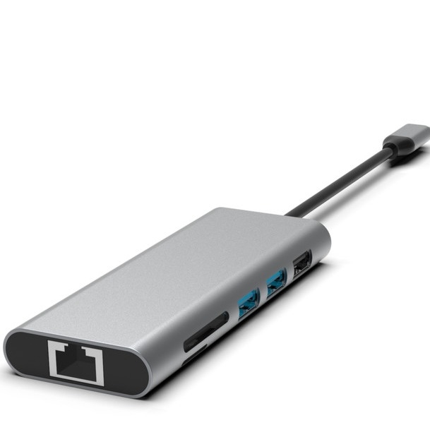 은색 10인1 USB-C 허브 HDMI USB 3.0 이더넷 3.5mm 오디오 잭 PC 및 노트북