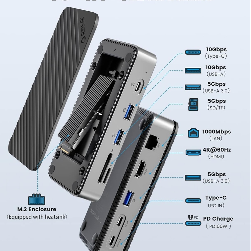 USB C 디스플레이링크 도킹 스테이션 10Gbps USB 3.2 Gen2 M.2 NVMe/SATA SSD 리더