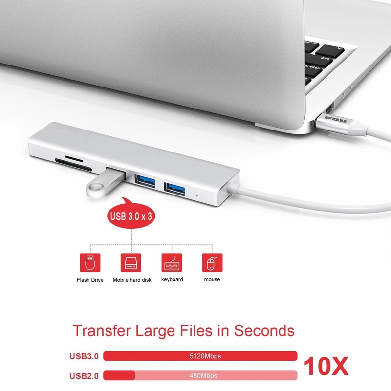 6 포트 USB-C 허브 스플리터 USB-C 확장기 휴대용 USB 어댑터 멀티 포트 데이터 허브
