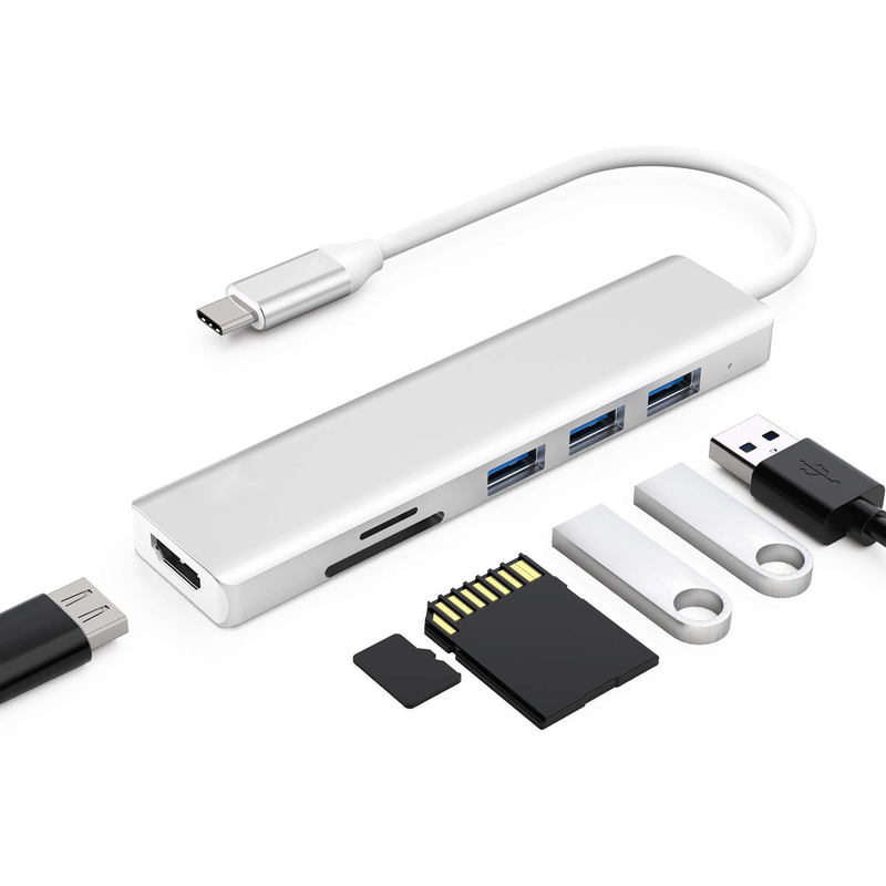 6 포트 USB-C 허브 스플리터 USB-C 확장기 휴대용 USB 어댑터 멀티 포트 데이터 허브