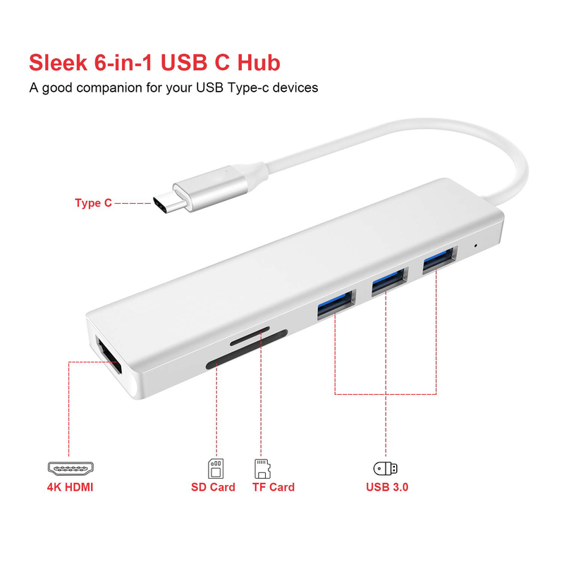 6 포트 USB-C 허브 스플리터 USB-C 확장기 휴대용 USB 어댑터 멀티 포트 데이터 허브