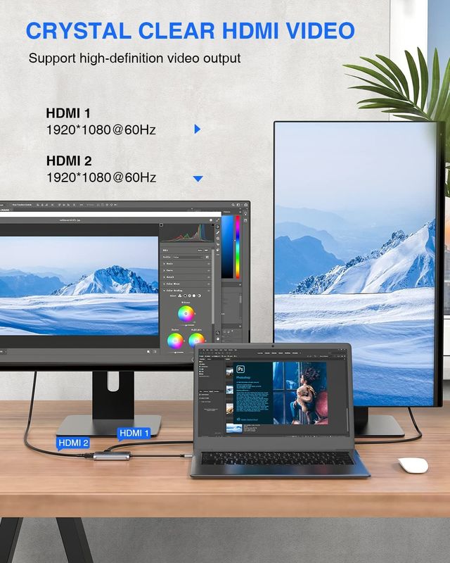 4in1 USB C 어댑터 USB3.0 썬더 포트 두 개의 HDMI