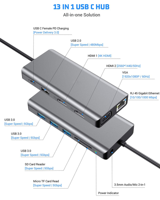 USB C 11 In 1 멀티포트 도크 타입 C 트리플 USB 3.0 TF 카드 타입 C USB-C 노트북