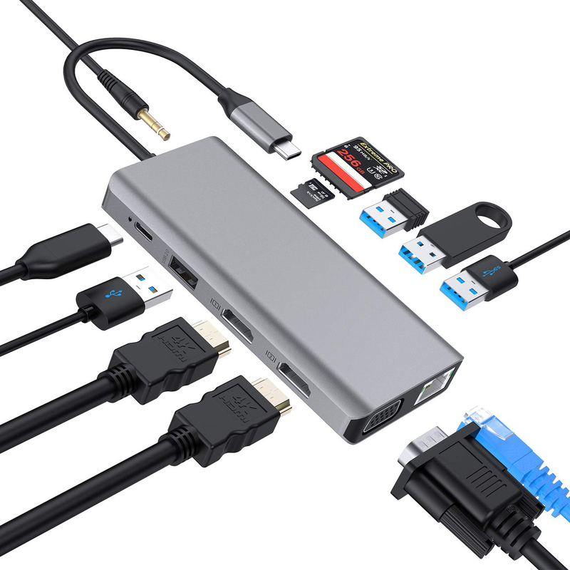 USB C 11 In 1 멀티포트 도크 타입 C 트리플 USB 3.0 TF 카드 타입 C USB-C 노트북