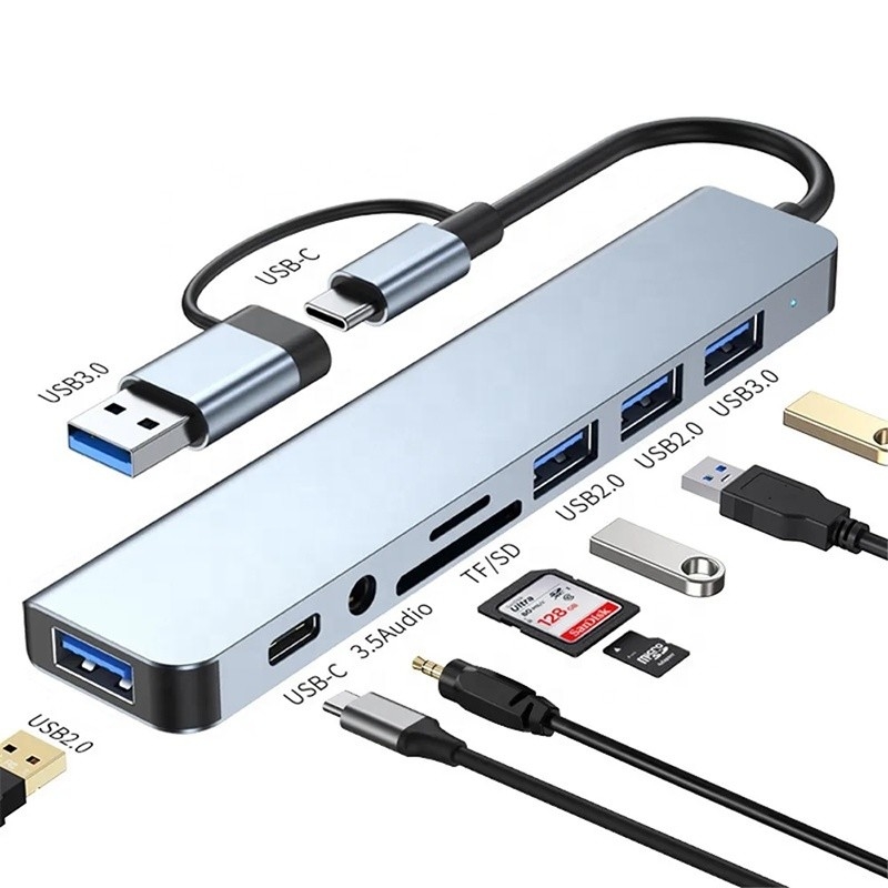 8-인-1 USB 3.0 허브 3*USB 2.0 3.5mm 오디오 SD/TF 카드 리더 출력 데이터 전송 및 충전
