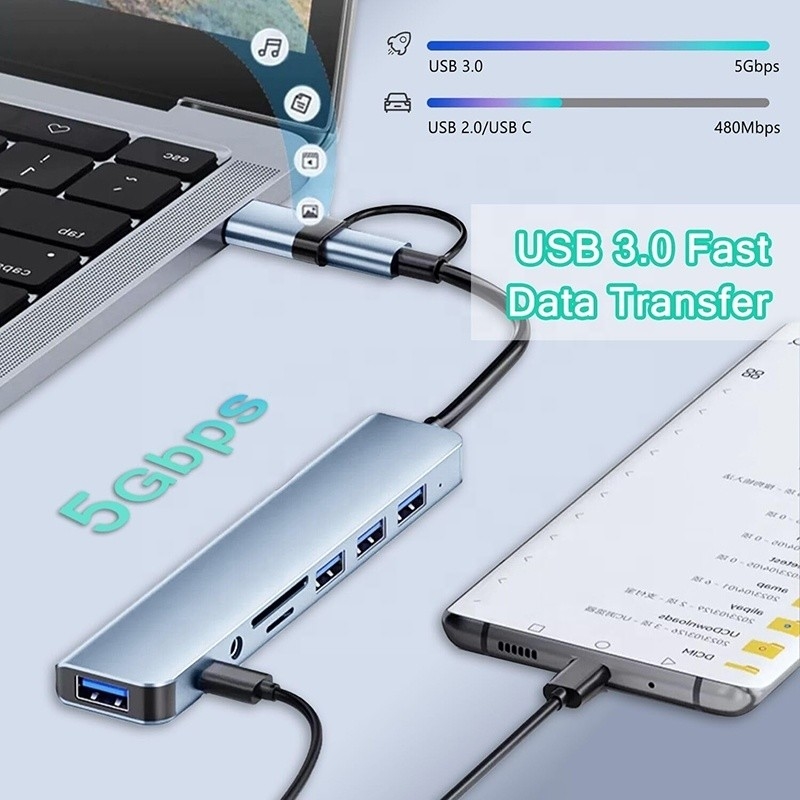 8-인-1 USB 3.0 허브 3*USB 2.0 3.5mm 오디오 SD/TF 카드 리더 출력 데이터 전송 및 충전