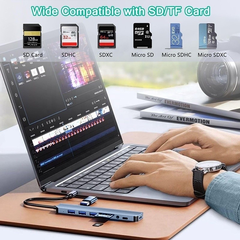 8-인-1 USB 3.0 허브 3*USB 2.0 3.5mm 오디오 SD/TF 카드 리더 출력 데이터 전송 및 충전