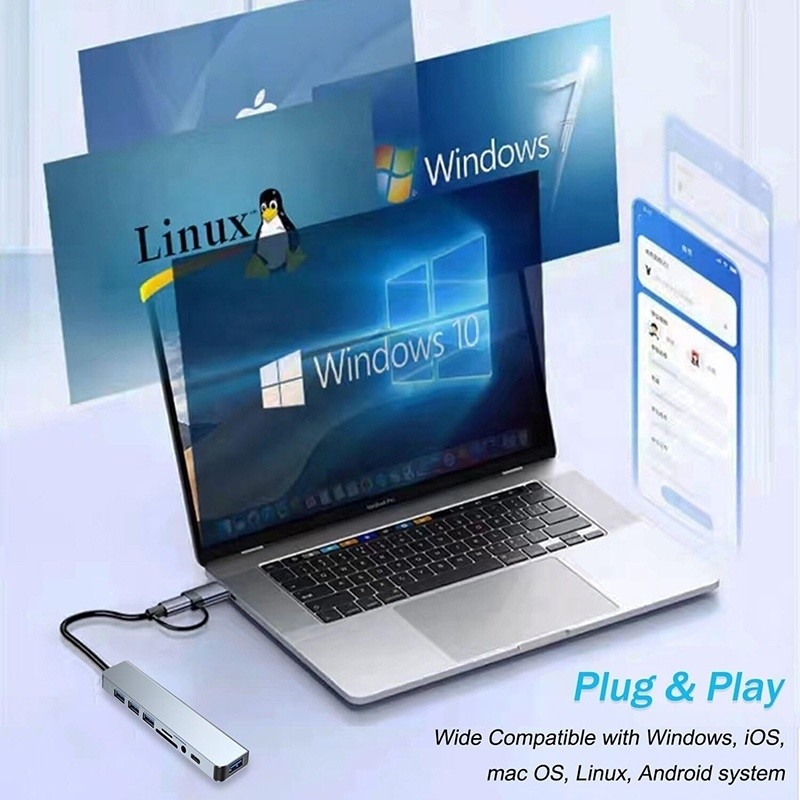 8-인-1 USB 3.0 허브 3*USB 2.0 3.5mm 오디오 SD/TF 카드 리더 출력 데이터 전송 및 충전