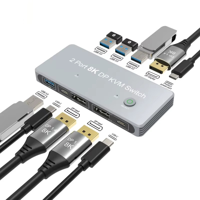 2-포트 디스플레이포트 및 USB KVM 스위치 4K 144Hz 8K 60Hz 1.4 1.4 DP USB 인터페이스