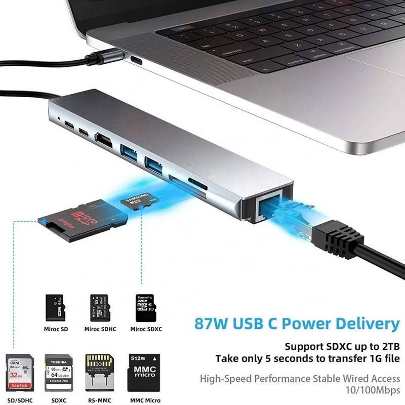 다재다능한 8인1 USB 타입 C 허브 멀티 포트 어댑터