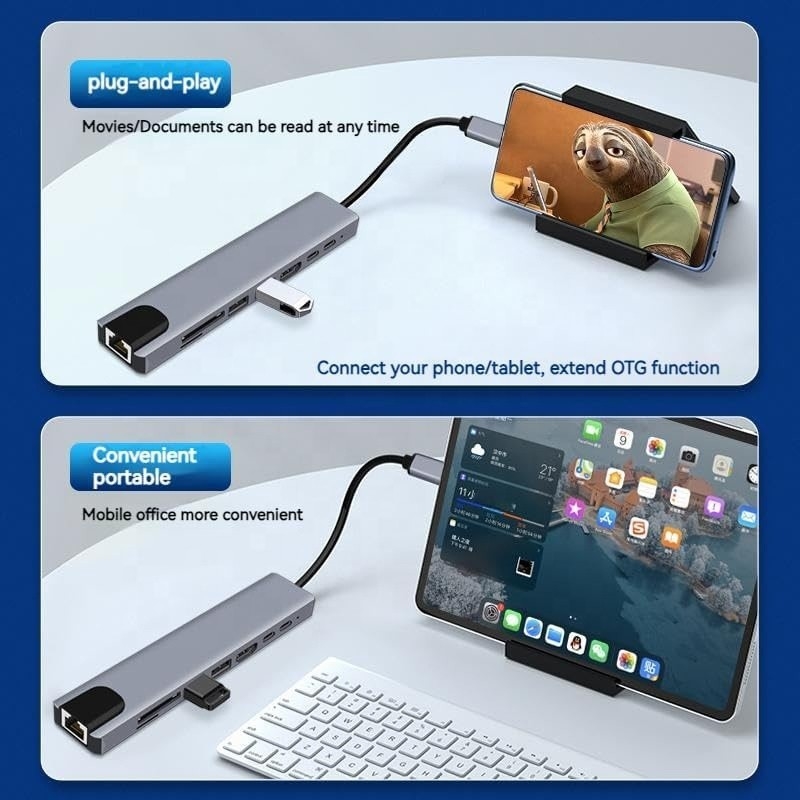 다재다능한 8인1 USB 타입 C 허브 멀티 포트 어댑터