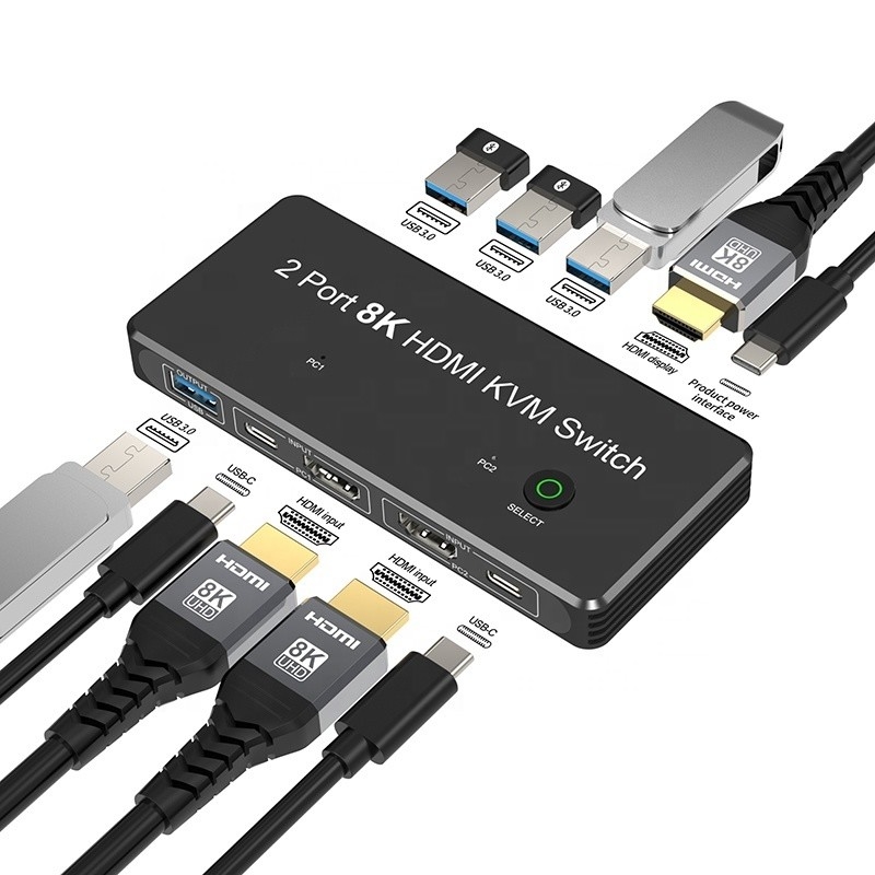 2 포트 HDMI 2.1 KVM 스위치 USB 3.0 2 입출력 1 출력 LED 표시자 여성-여성