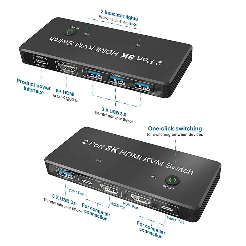 2 포트 HDMI 2.1 KVM 스위치 USB 3.0 2 입출력 1 출력 LED 표시자 여성-여성