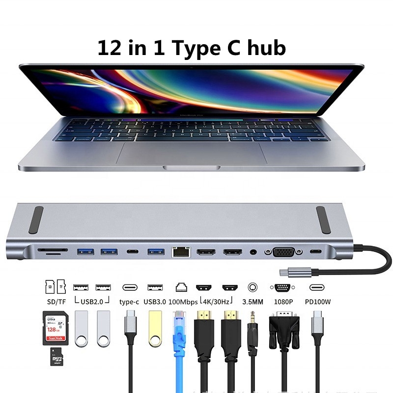 충전 데이터 전송 및 스피커 기능을 위한 12인1 USB-C 타입-C 도킹 스테이션