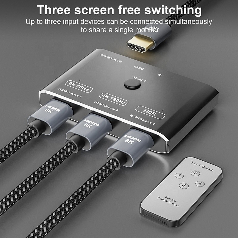 8K 120Hz HDR 3 포트 HDMI 스위치 스위처 3 인 1 아웃 플러그 원격 변환기