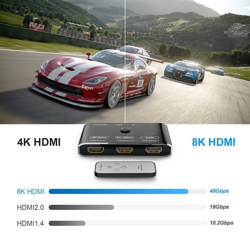 8K 120Hz HDR 3 포트 HDMI 스위치 스위처 3 인 1 아웃 플러그 원격 변환기