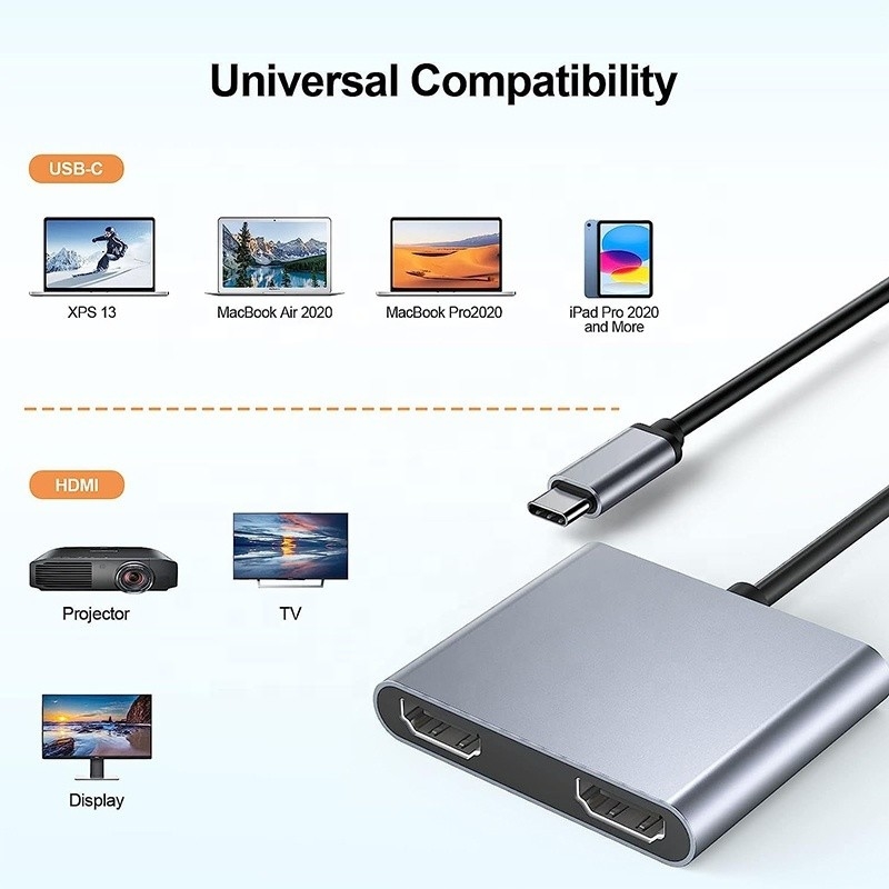 타입 C 남성에서 이중 HDMI 여성 썬더볼트 3 USB-C 멀티 모니터 어댑터 케이블 4K 30Hz
