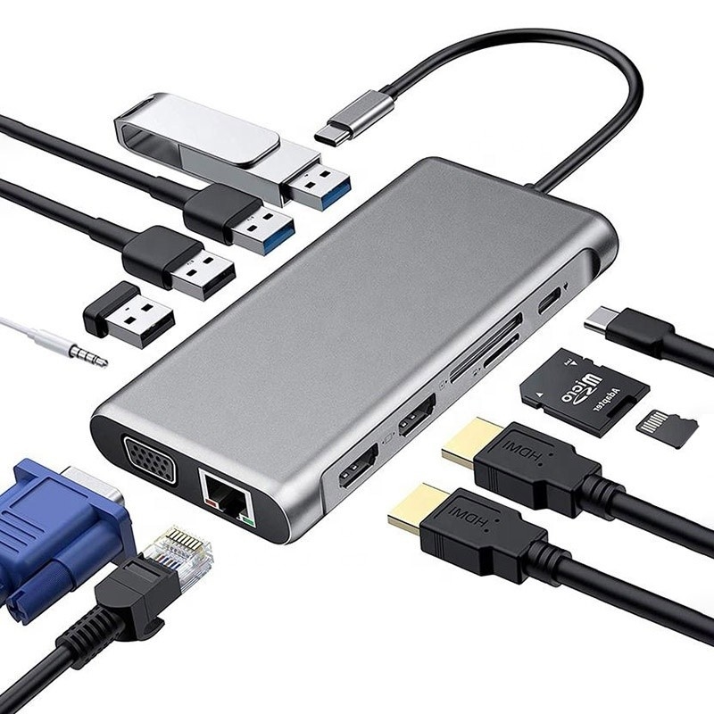 12-인-1 USB 타입-C 도킹 스테이션 HDMI 1080P 60Hz 2*HDMI VGA RJ45 4*USB 오디오 SD/TF PD