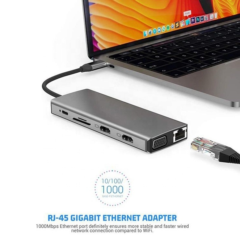 12-인-1 USB 타입-C 도킹 스테이션 HDMI 1080P 60Hz 2*HDMI VGA RJ45 4*USB 오디오 SD/TF PD