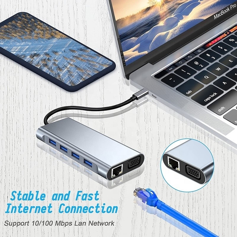 다기능 USB C 허브 도크와 기가비트 RJ45 이더넷 TF SD 카드 리더 HDMI VGA USB 30
