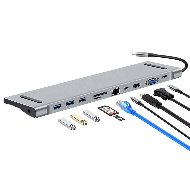 11in1 USB C 타입 C 도킹 스테이션, VGA 이더넷 3.5MM 오디오 TF/SD 카드 리더