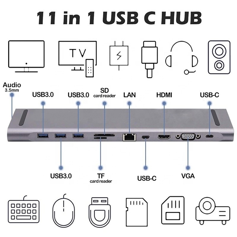 11in1 USB C 타입 C 도킹 스테이션, VGA 이더넷 3.5MM 오디오 TF/SD 카드 리더