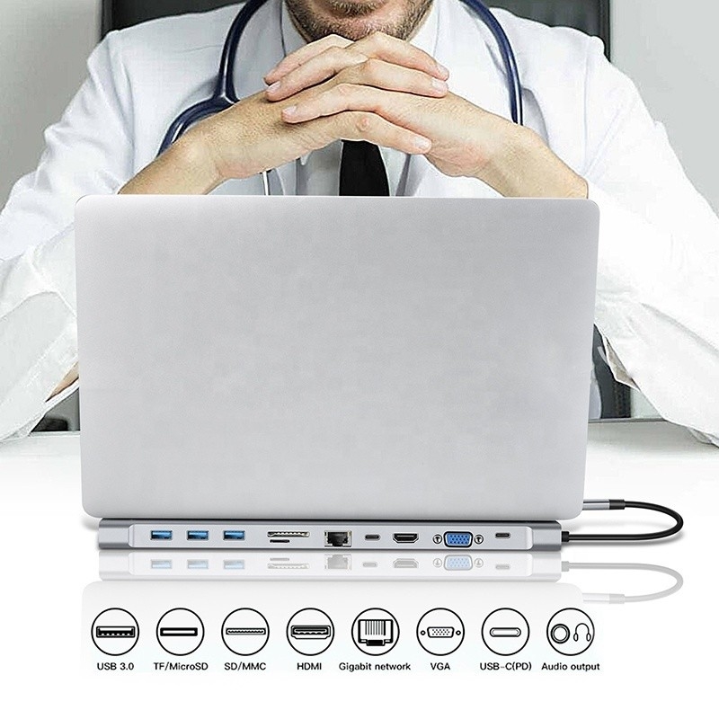 11in1 USB C 타입 C 도킹 스테이션, VGA 이더넷 3.5MM 오디오 TF/SD 카드 리더