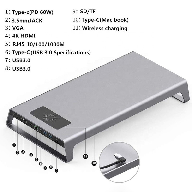 TYPE-C 남성 11 인 1 허브 컴퓨터 노트북 도킹 스테이션 어댑터 1000Mbps RJ45 및 USB-C PD