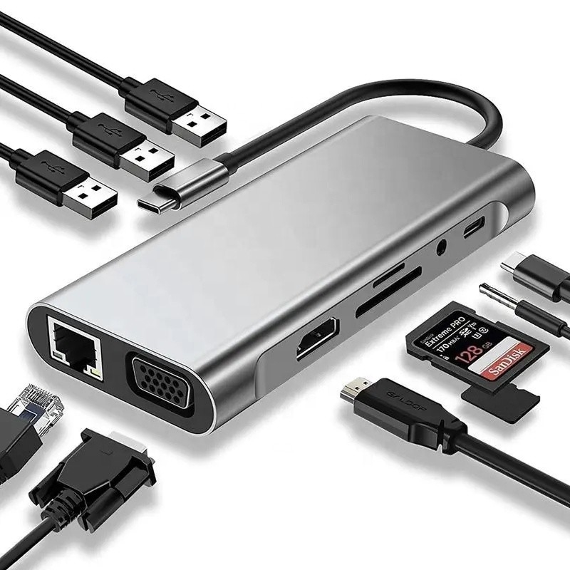 USB C 허브 타입-C에서 USB 3.0 HDMI VGA RJ45 LAN SD TF 오디오 USB 회색 멀티포트 어댑터