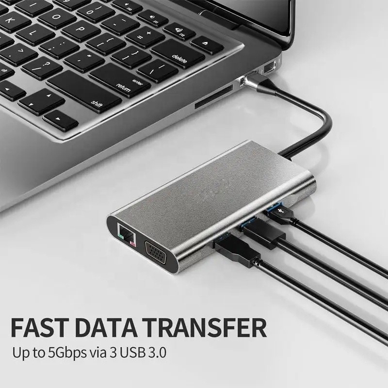 USB C 허브 타입-C에서 USB 3.0 HDMI VGA RJ45 LAN SD TF 오디오 USB 회색 멀티포트 어댑터