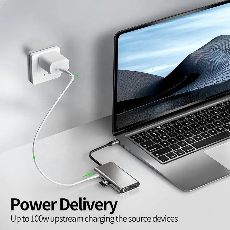 USB C 허브 타입-C에서 USB 3.0 HDMI VGA RJ45 LAN SD TF 오디오 USB 회색 멀티포트 어댑터