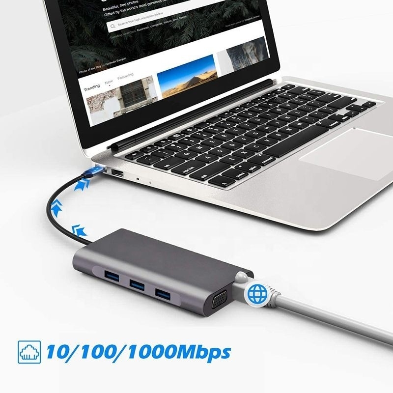 USB C 허브 타입-C에서 USB 3.0 HDMI VGA RJ45 LAN SD TF 오디오 USB 회색 멀티포트 어댑터