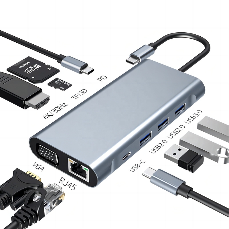 4K HDTV VGA 랜 RJ45 USB3.0 카드 리더 PD와 함께 USB C 타입 C 10 In 1 도킹 스테이션