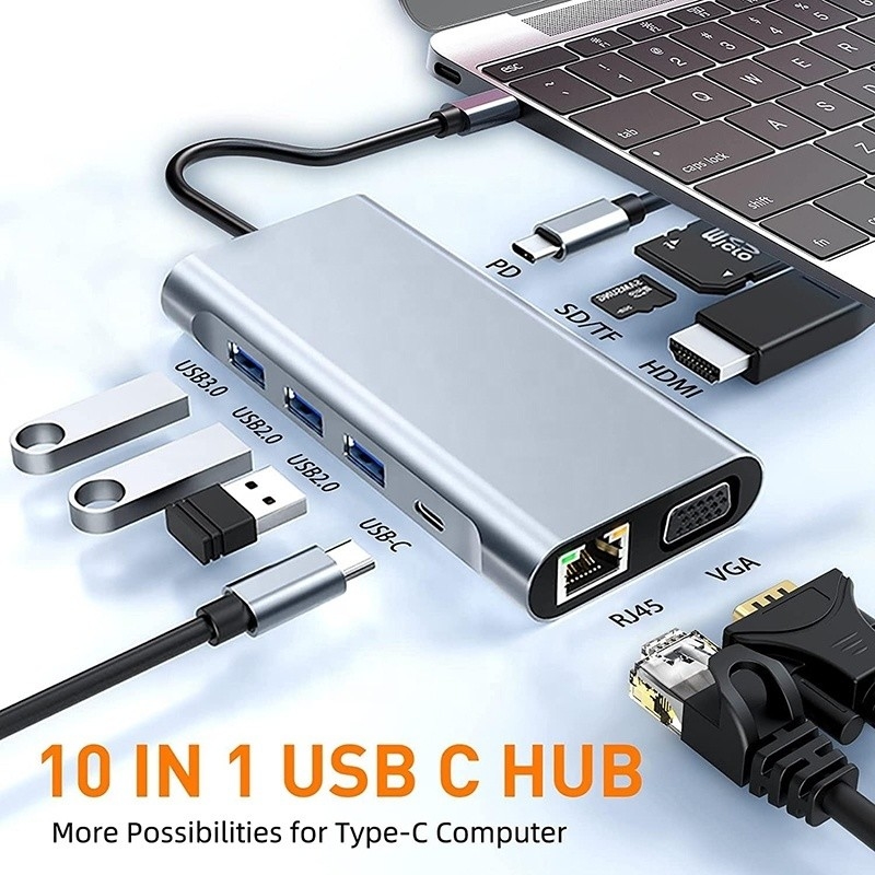 4K HDTV VGA 랜 RJ45 USB3.0 카드 리더 PD와 함께 USB C 타입 C 10 In 1 도킹 스테이션