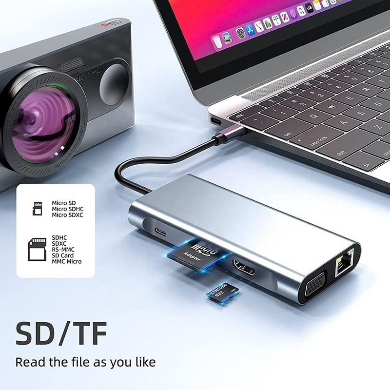 4K HDTV VGA 랜 RJ45 USB3.0 카드 리더 PD와 함께 USB C 타입 C 10 In 1 도킹 스테이션