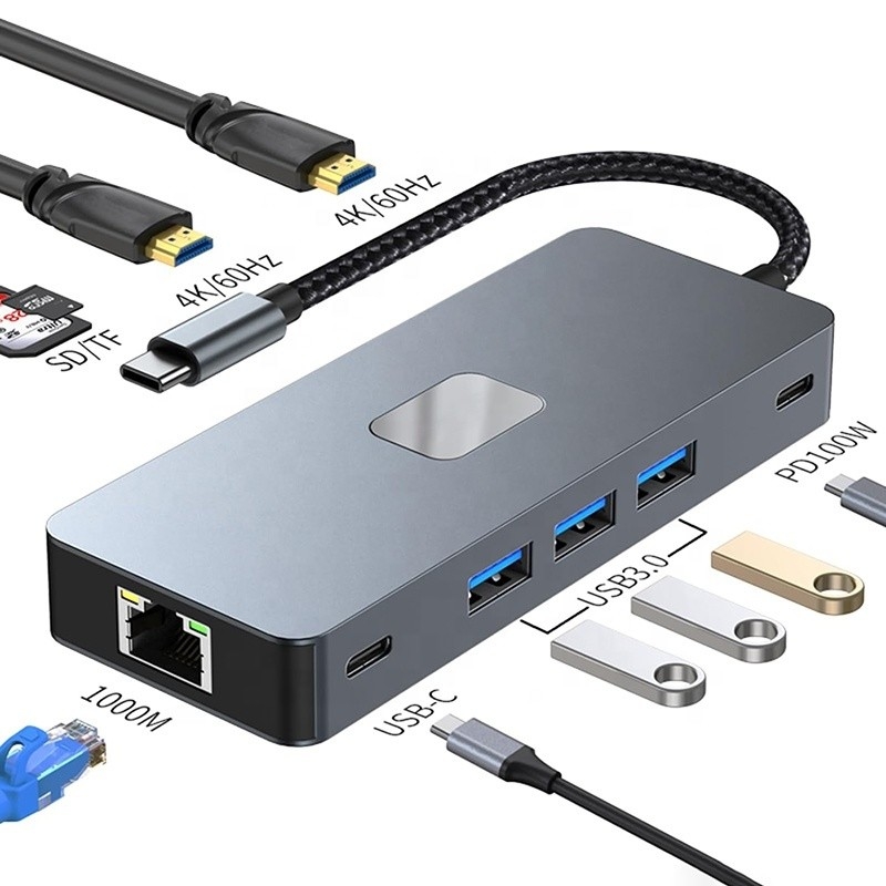 10 In 1 USB C 허브 듀얼 HDMI 4K 60Hz 어댑터 도크 USB 3.0 이더넷 RJ45 1000Mbps