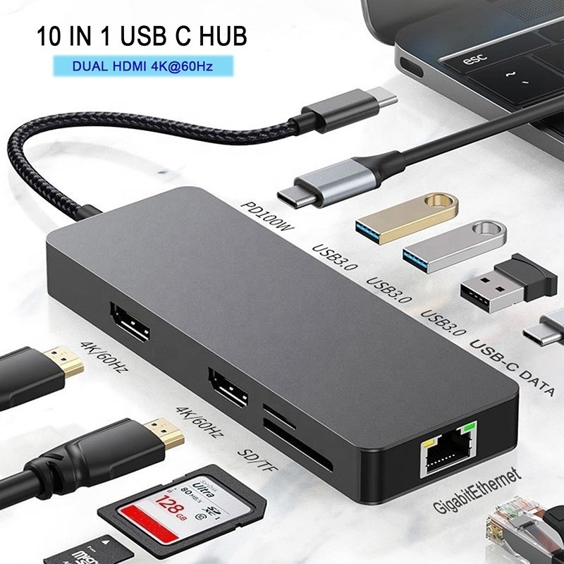 10 In 1 USB C 허브 듀얼 HDMI 4K 60Hz 어댑터 도크 USB 3.0 이더넷 RJ45 1000Mbps