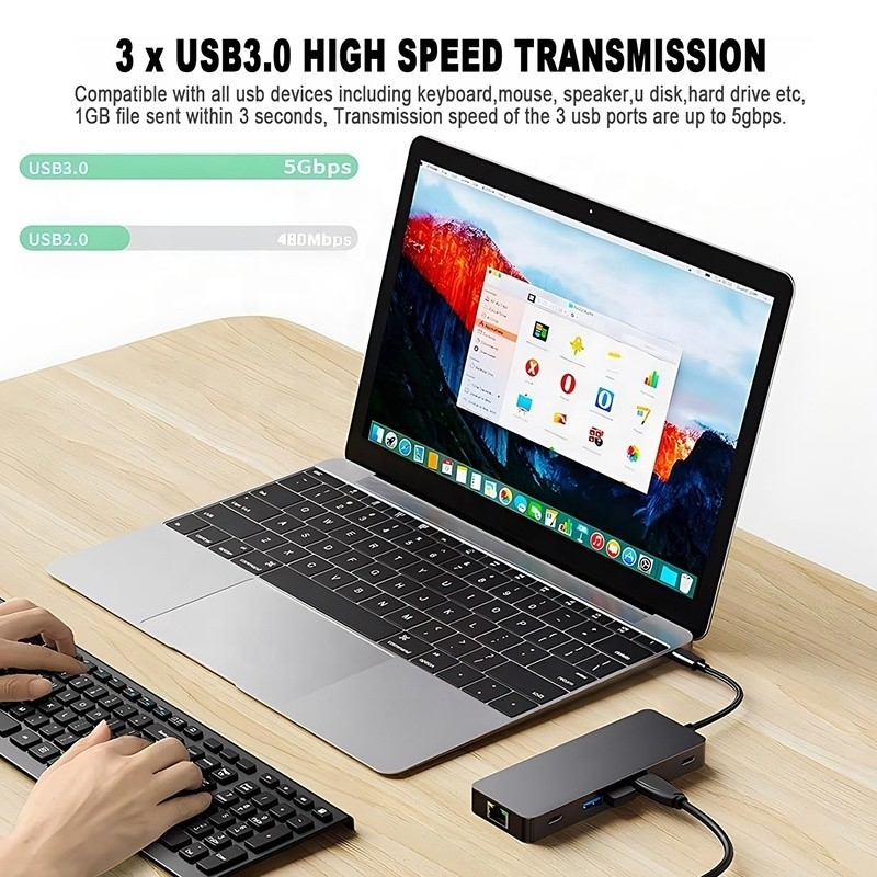 10 In 1 USB C 허브 듀얼 HDMI 4K 60Hz 어댑터 도크 USB 3.0 이더넷 RJ45 1000Mbps