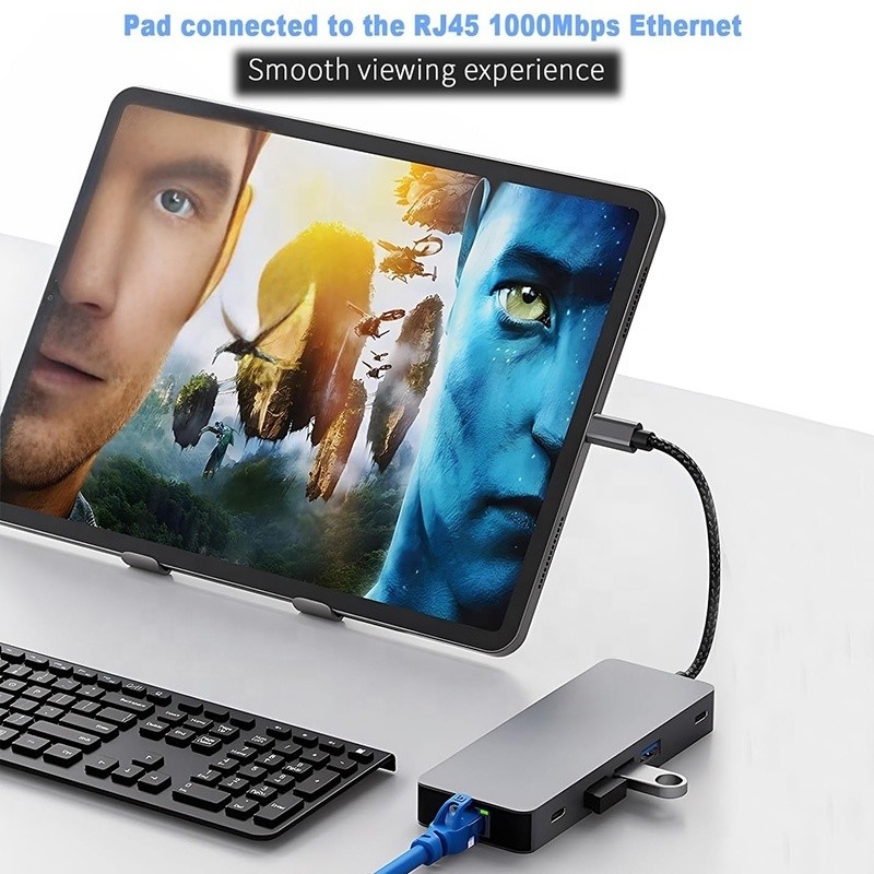 10 In 1 USB C 허브 듀얼 HDMI 4K 60Hz 어댑터 도크 USB 3.0 이더넷 RJ45 1000Mbps