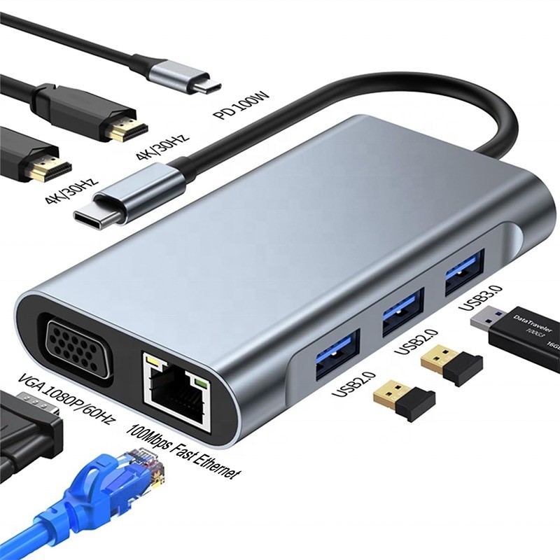 다기능 8-인-1 USB-C USB C 도킹 스테이션, 듀얼 4K HDMI 및 2 HDMI 포트 회색