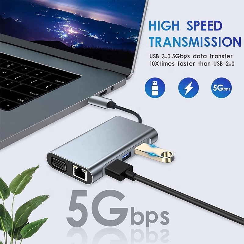 다기능 8-인-1 USB-C USB C 도킹 스테이션, 듀얼 4K HDMI 및 2 HDMI 포트 회색