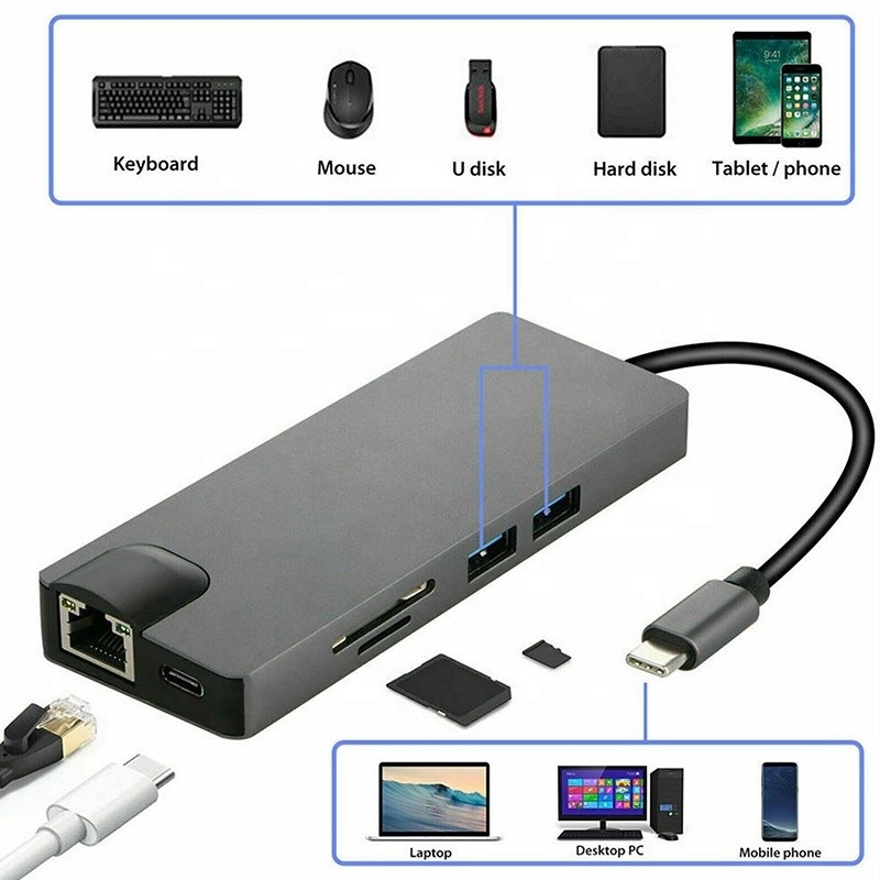 8-인-1 USB C 허브 타입-C 타입 C 3.1 ~ 4K HDMI HDTV RJ45 랜 이더넷 PD USB3.0 어댑터 허브