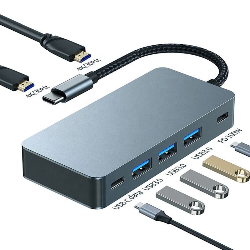 4K 30Hz 듀얼 HDMI USB 3.0 어댑터 도킹 스테이션 7 인 1 멀티포트 USB C 타입 C 허브