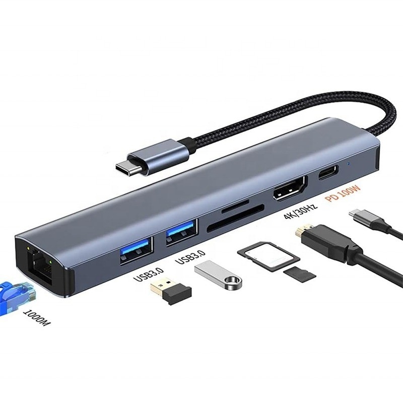 회색 7 In 1 USB C 타입 C 허브 1000M RJ45 기가비트 이더넷 4K HDMI PD 100W 어댑터
