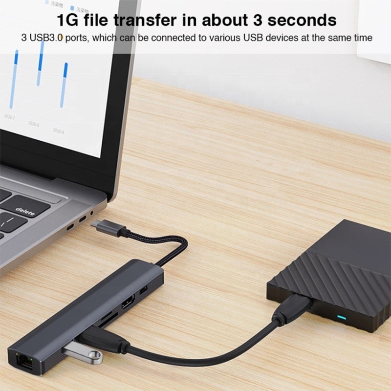 회색 7 In 1 USB C 타입 C 허브 1000M RJ45 기가비트 이더넷 4K HDMI PD 100W 어댑터