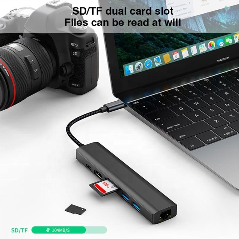 회색 7 In 1 USB C 타입 C 허브 1000M RJ45 기가비트 이더넷 4K HDMI PD 100W 어댑터