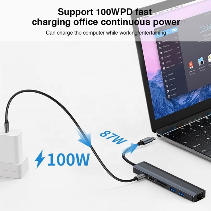 회색 7 In 1 USB C 타입 C 허브 1000M RJ45 기가비트 이더넷 4K HDMI PD 100W 어댑터