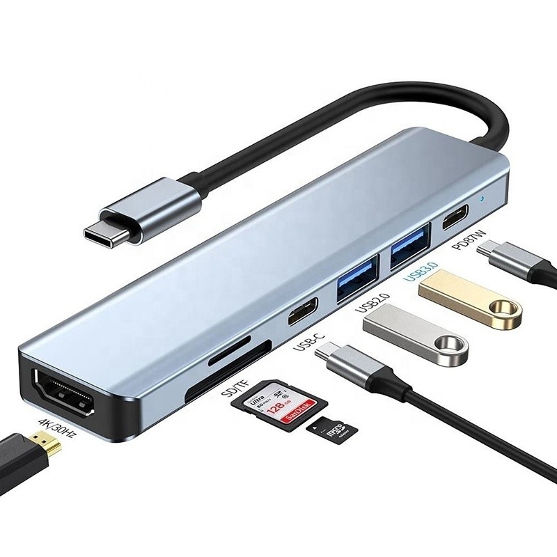 회색 7 In 1 USB C To HDMI 어댑터 허브 도크 4K HD HDMI PD SD TF SD / TF 카드 리더
